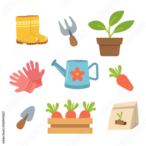 Gardening tools and equipment set with boots, gloves, watering can and carrots flat vector illustration for spring planting concept