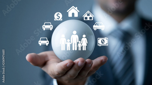 Businessman Holding Digital Family Insurance and Financial Protection Icons