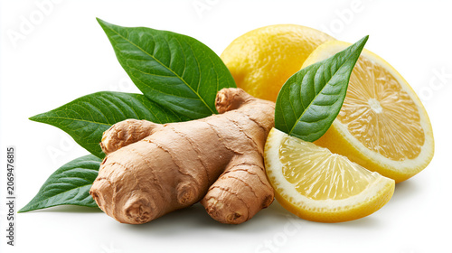 Fresh ginger root with lemon slices and green leaves on white background