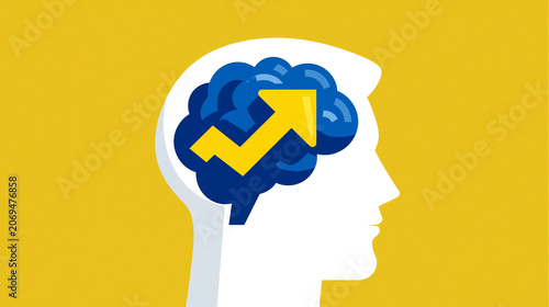 Human brain with upward arrow symbolizing growth and progress on yellow background