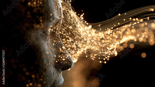Abstract human profile with glowing golden particles and light trails
