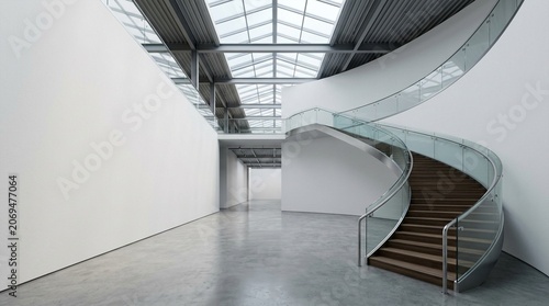 Modern spiral staircase with glass railings and wooden steps in a contemporary art gallery or museum space