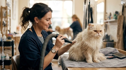Professional groomer drying a fluffy Persian cat with a hairdryer in a grooming salon