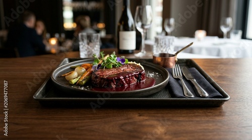 Gourmet steak with roasted vegetables served on a plate with cutlery in a restaurant