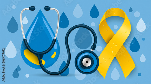 Yellow Ribbon and Stethoscope on Blue Background with Water Drops