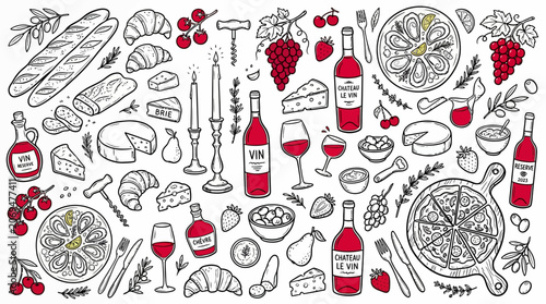 French food and wine minimalist line art in red.
