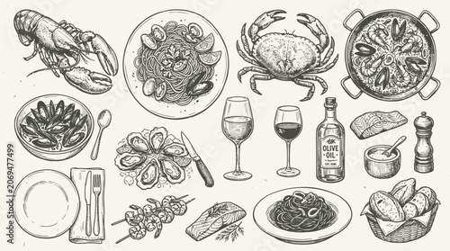 Hand drawn seafood and fish platter sketches collection.