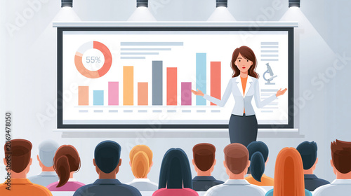 Businesswoman Presenting Financial Data on Large Screen to Audience