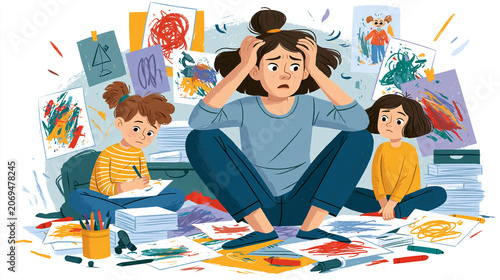 Stressed mother overwhelmed by children's messy art and toys at home