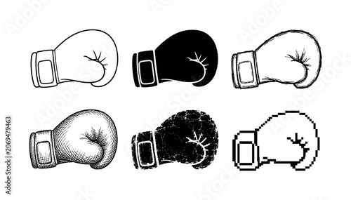 Stylized boxing gloves in various artistic styles and textures