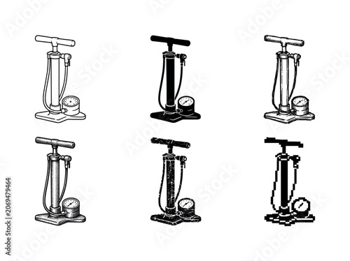 Vintage bicycle pump illustrations in various styles and designs