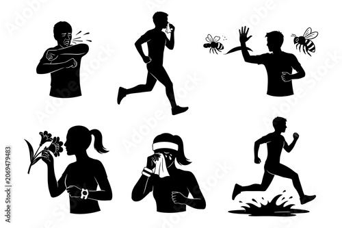 Obraz na plátně Silhouettes of people experiencing allergies and outdoor activities with insects