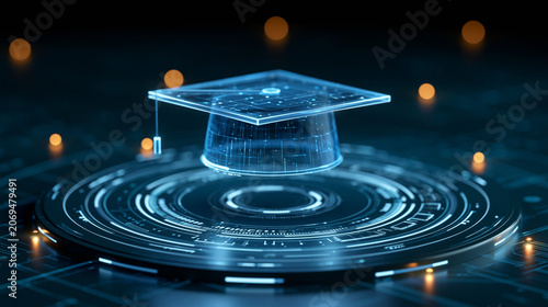 Futuristic Holographic Graduation Cap with Digital Interface and Technology Elements