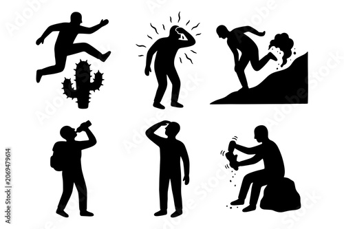 People silhouettes experiencing heat, sunstroke, exhaustion in desert, jumping over cactus, drinking water and resting.