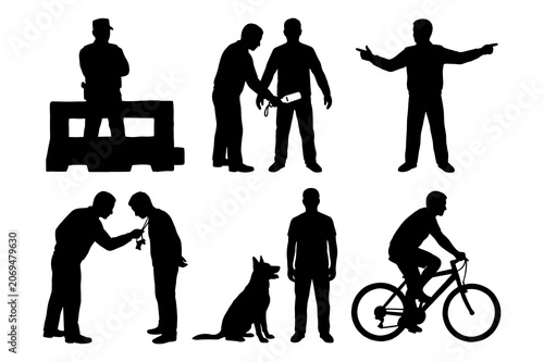 Tableau sur toile Silhouettes of people in various actions including a guard on a platform a dog handler and a cyclist