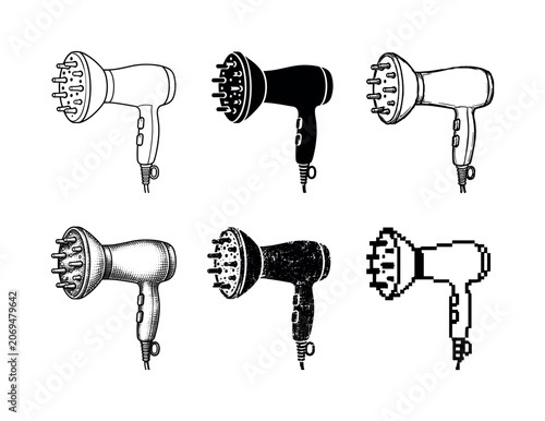 Collection of diverse hair dryer diffuser illustrations in various artistic styles