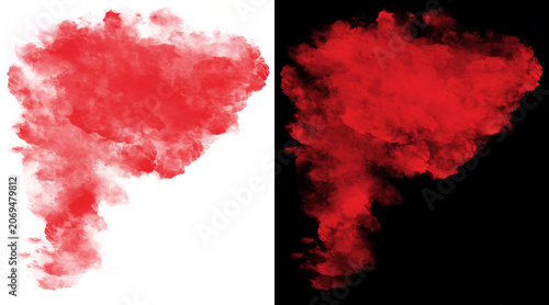 Konstfotografi Vibrant red smoke explosion on white and black backgrounds, abstract crimson ink