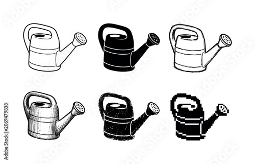 Various artistic styles of a watering can in black and white