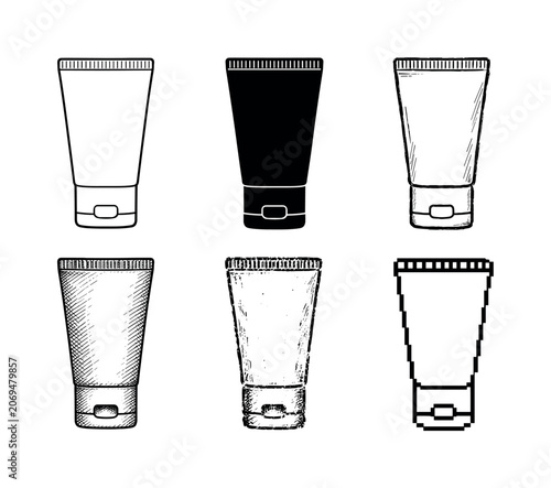 Various designs of cosmetic or skincare tube illustrations in diverse styles