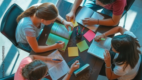 Three students studying together around a dark wooden table, down view