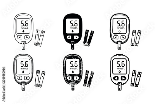 Collection of glucose meters and test strips in various artistic styles