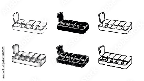 Set of six different artistic representations of a six-compartment ice cube tray