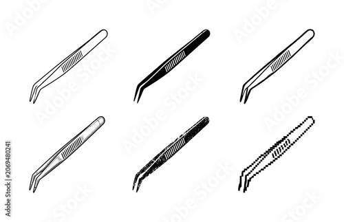 Various styles of tweezers illustrations in black and white