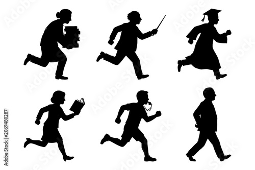 Tableau sur toile Silhouettes of people rushing with books and documents in academic or business setting