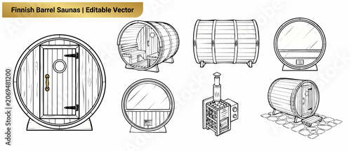Tablou pe pânză Barrel sauna vector set of outdoor Finnish wooden bathhouse line art with exterior, interior layouts, heating stoves, and wellness spa icons for backyard garden relaxation layout concept designs pack