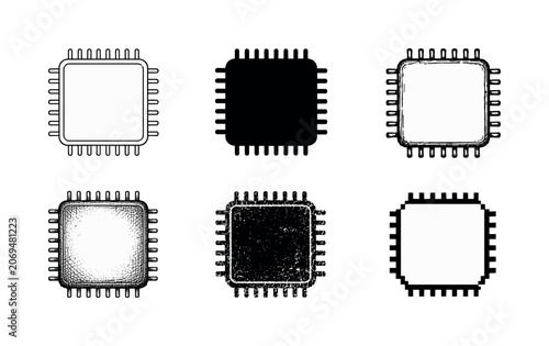 Collection of six different styles of microchip icons and illustrations