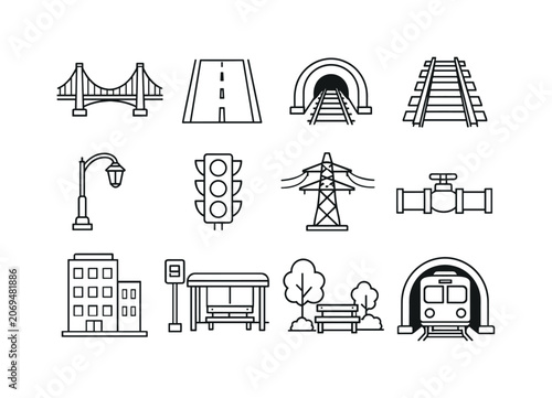 Line style vector icons of City construction icons: bridge, road, tunnel, railway; streetlight, traffic light, power line, water