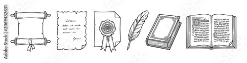 Ancient scrolls, papers, wax seals, quill pens, and books are meticulously hand-drawn illustrations representing historical knowledge, literature, and official documentation.