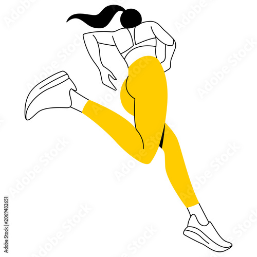 Vector flat design female runner in motion. Linear graphic of girl jogging on white background. Healthy active lifestyle icon.