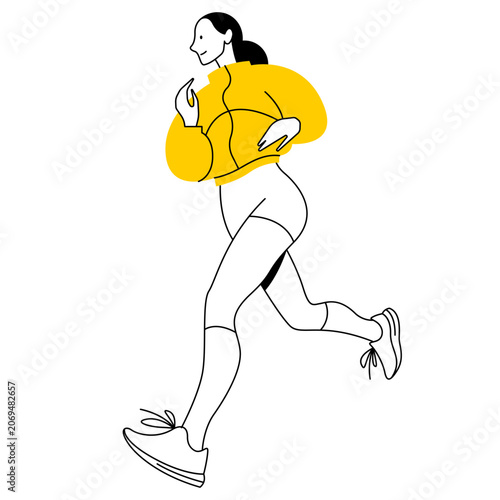 Minimalist vector line art illustration of a woman running. Woman in yellow jacket jogging. Isolated athlete training concept.