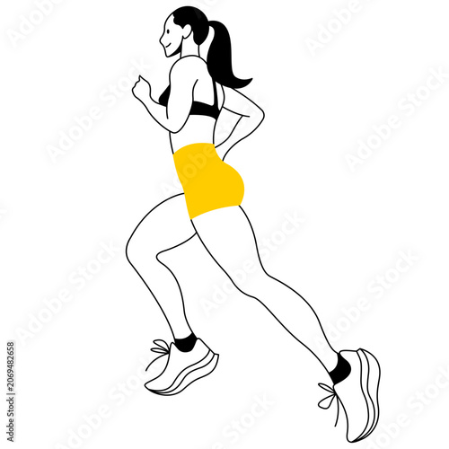 Vector flat design female runner in motion. Linear graphic of girl jogging on white background. Healthy active lifestyle icon.