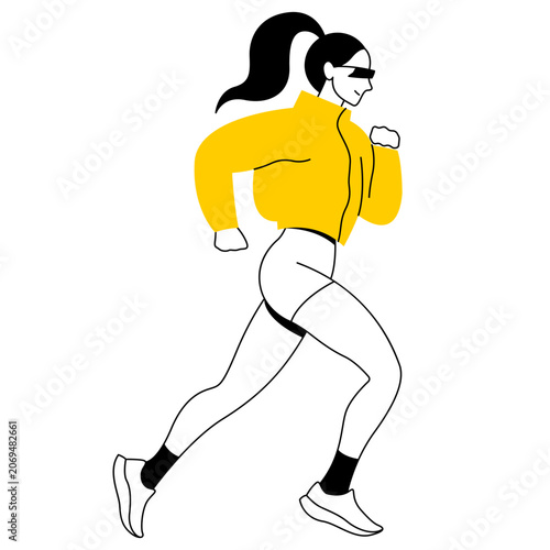 Modern line art illustration of a woman sprinter. Running woman wearing yellow top and sunglasses. Fitness and exercise vector clipart.