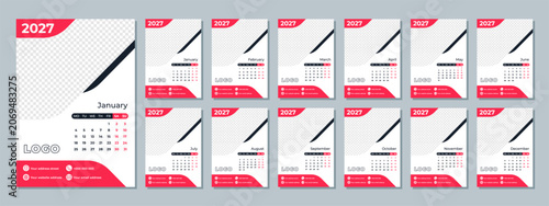 2027 Calendar Template with Photo Space. Minimalist Corporate Business Planner. Monday Start Monthly A4 Pages Set. Vector Illustration