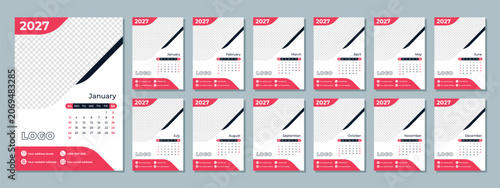 2027 Calendar Template with Photo Space. Minimalist Corporate Business Planner. Sunday Start Monthly A4 Pages Set. Vector Illustration