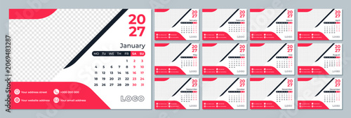 2027 Calendar Template with Photo Space. Minimalist Corporate Business Planner. Monday Start Monthly A4 Landscape Pages Set. Vector Illustration