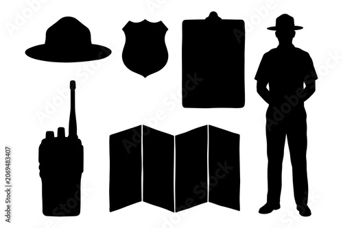 Φωτογραφία Park ranger or outdoor professional gear collection depicted as black silhouettes with uniform accessories