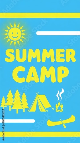 Bright summer camp poster with cheerful sun, tents, trees, campfire and canoe in playful flat graphic design, looping animation