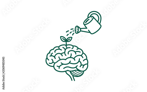 Line art icon of brain with green sprout being watered by watering can representing personal growth and intellectual development.