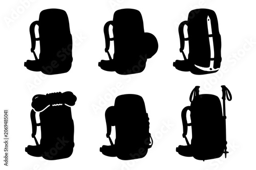 Set of mountaineering backpack silhouettes with different outdoor gear attachments for hiking and climbing expeditions.
