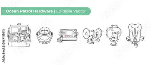 Foto Marine equipment icons vector set featuring nautical hardware, steering helm, compass, searchlight, VHF radio, life jacket, and horn on white background for ocean patrol and maritime safety design