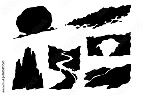 Natural landscape silhouettes featuring mountain peaks canyon river arch and rocky formations for outdoor adventure designs.