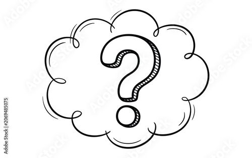 Hand drawn question mark inside fluffy thought cloud bubble with black doodle lines representing confusion and curious thinking.
