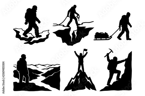 Mountaineer silhouettes engaged in various alpine activities including climbing glacier crossing trekking and summiting with flags.