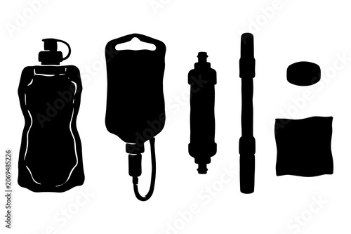 Group of black silhouettes of hydration and purification equipment for travel.