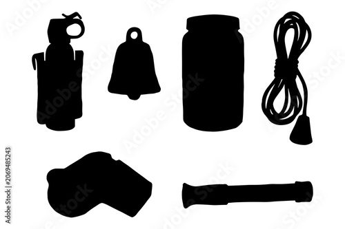 Collection of black silhouettes of safety and signaling devices on white background.