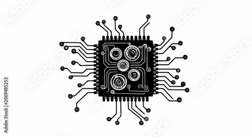 Detailed illustration of a black central processing unit chip with intricate circuitry and connections